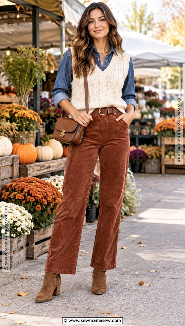 Autumn Outfit With Denim Shirt And Corduroy Pants - 20 women autumn outfits