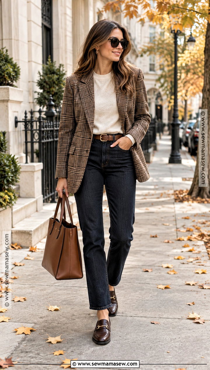 Autumn Outfit With Plaid Blazer And Dark Jeans - 25 autumn outfits for women