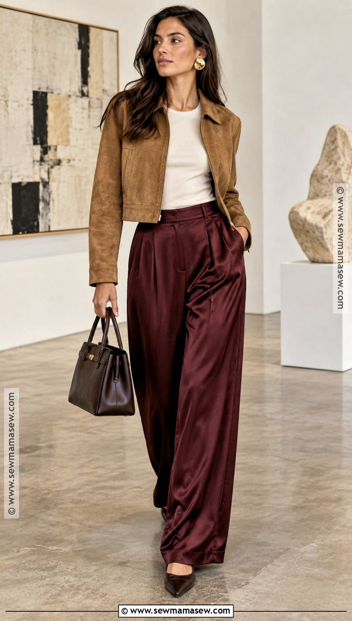 Autumn Outfit With Suede Jacket And Satin Pants - 20 women autumn outfits