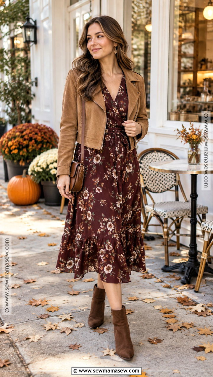 Autumn Outfit With a Floral Midi Dress and Boots - 15 Autumn Outfits for Women 2026