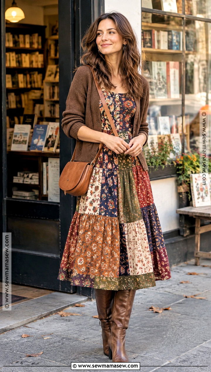 Autumn Patchwork Midi Dress Outfit - 15 Autumn Patterned Clothing Ideas