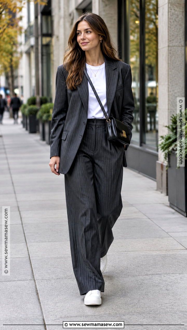 Autumn Pinstripe Suit And White Sneakers Outfit - 15 Street Style Autumn Ideas 2026