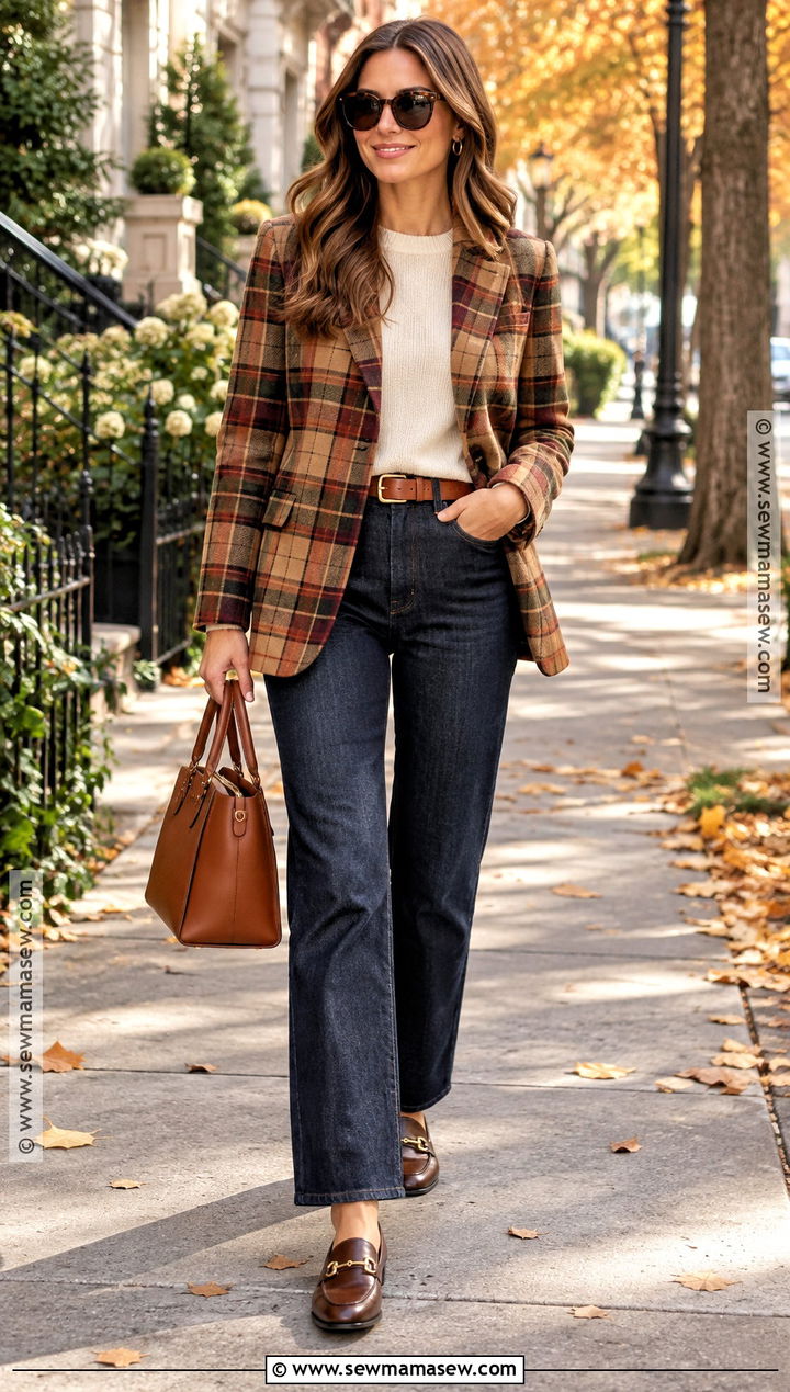 Autumn Plaid Blazer And Dark Denim Outfit - 25 autumn color outfits