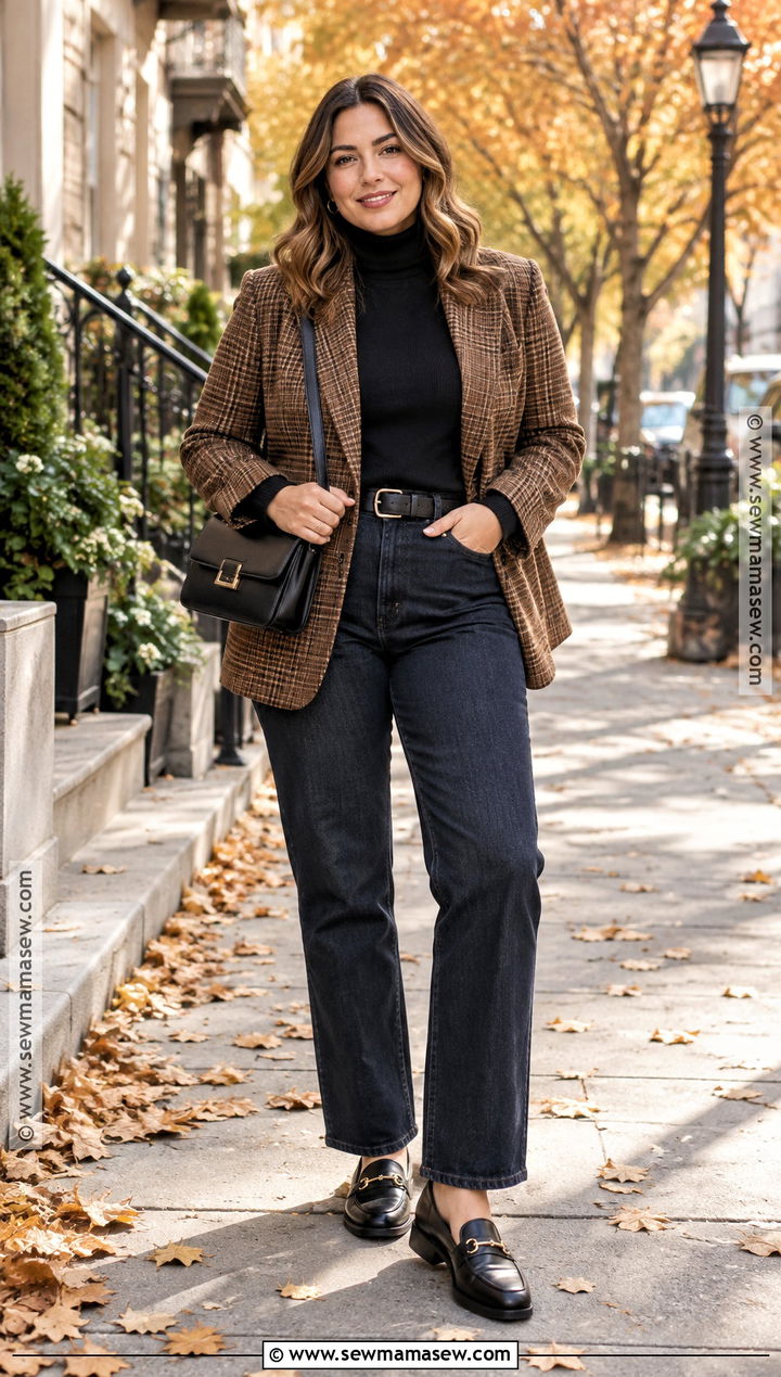 Autumn Plaid Blazer And Straight Leg Jeans Outfit - 15 Autumn Fashion Lookbook Ideas