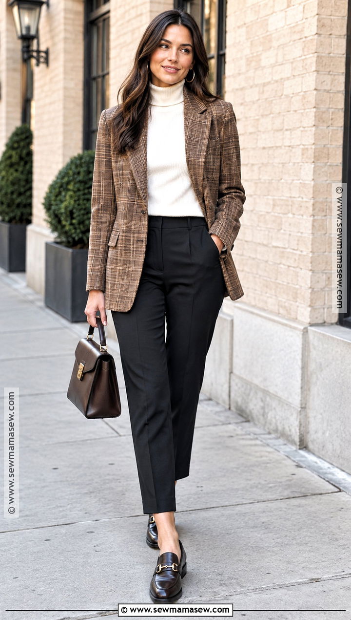 Autumn Plaid Blazer And Trousers Outfit - 20 autumn outfits photoshoot