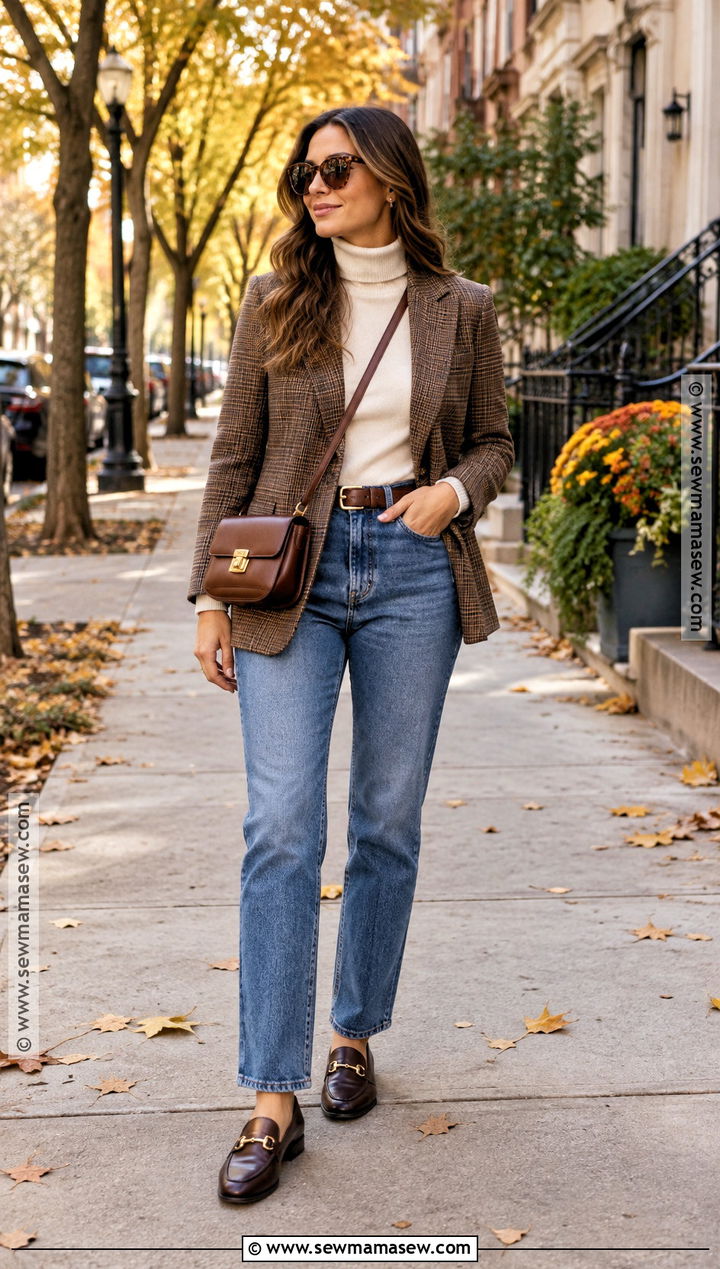 Autumn Plaid Blazer and Straight Leg Jeans Outfit - 15 Autumn Themed Clothing Ideas