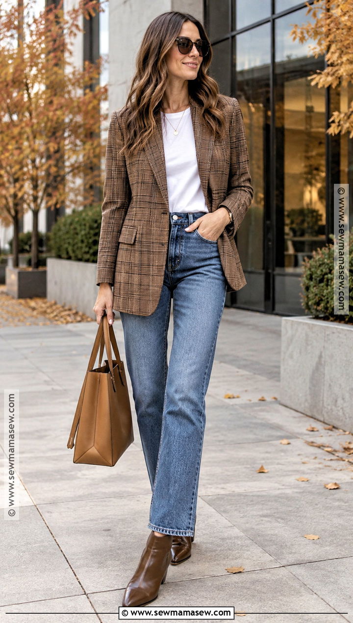 Autumn Plaid Blazer and Straight Leg Jeans Outfit - 15 Autumn Fashion Outfit Collection Ideas