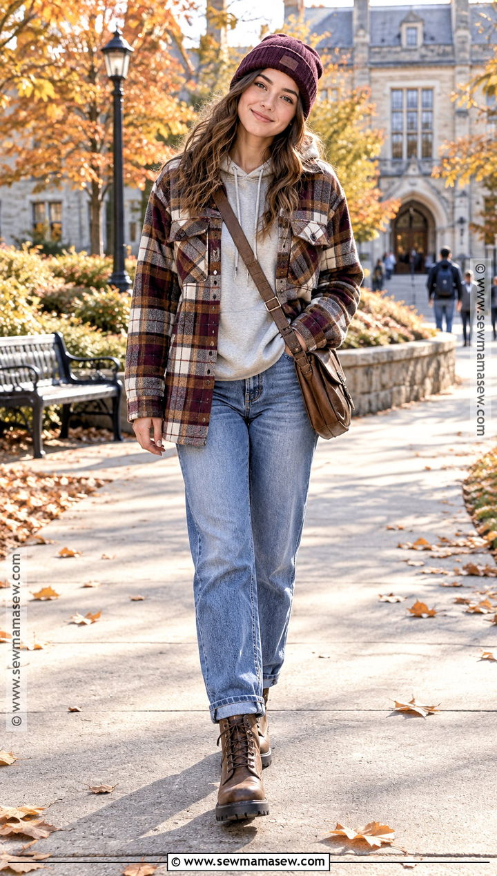 Autumn Plaid Overshirt And Hoodie Outfit - 25 autumn outfit inspo ideas