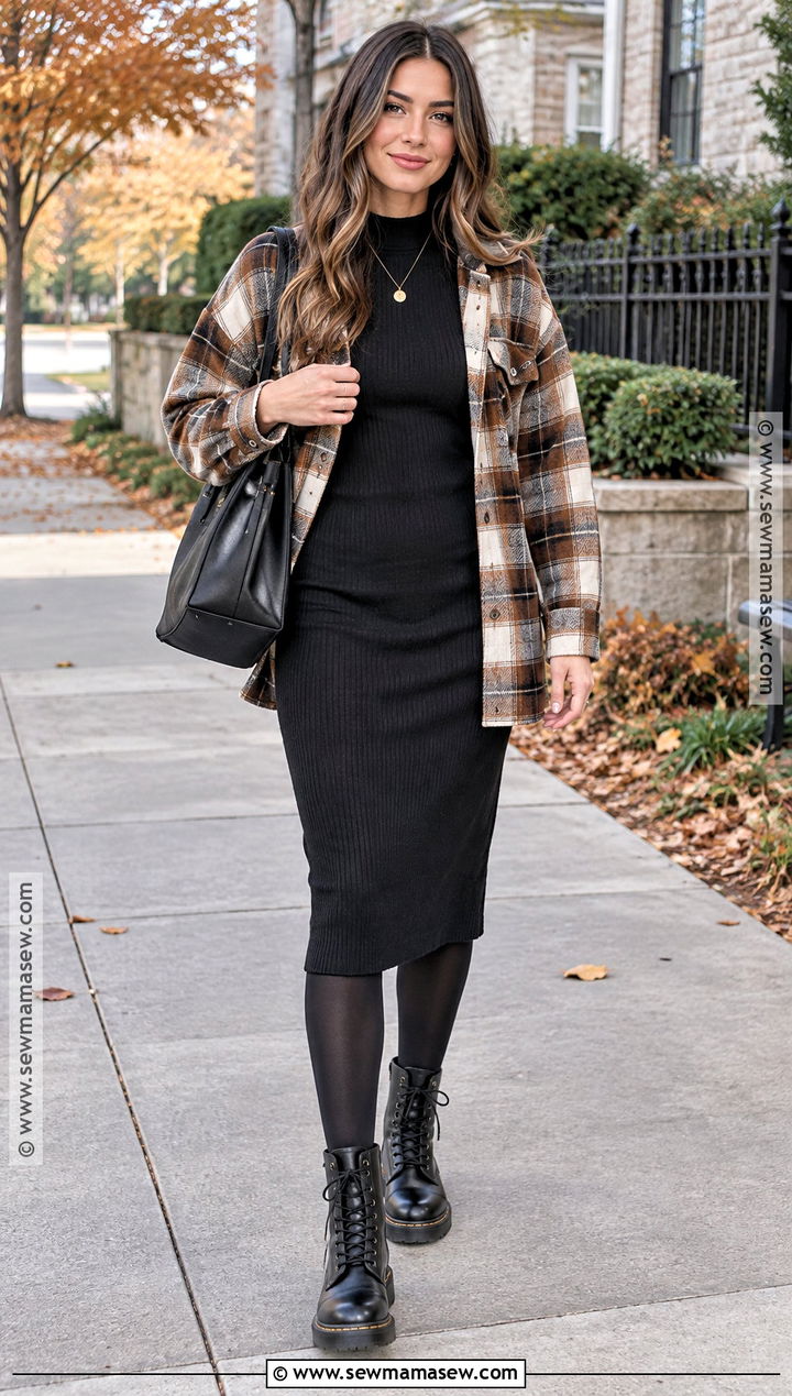 Autumn Plaid Overshirt And Knit Dress Outfit - 15 autumn wardrobe motivation ideas