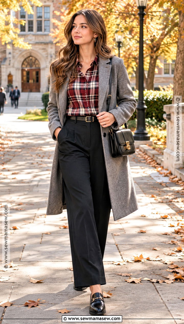 Autumn Plaid Shirt And Black Trousers Outfit - 25 autumn look ideas