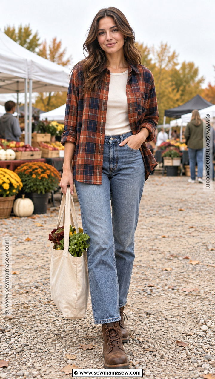 Autumn Plaid Shirt And Straight Leg Jeans Outfit - 25 autumn casual outfits for women