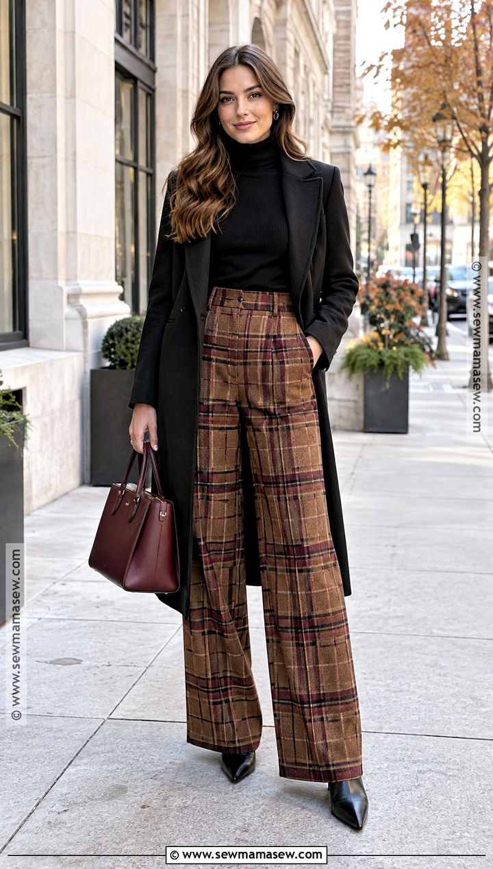 Autumn Plaid Trousers And Black Turtleneck Outfit - 25 autumn ootd ideas