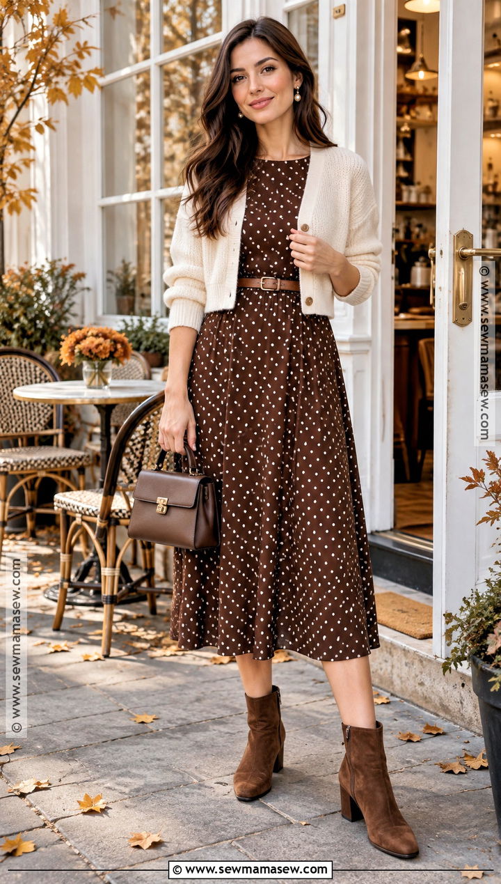 Autumn Polka Dot Dress With Cropped Cardigan And Boots - 15 feminine autumn style ideas