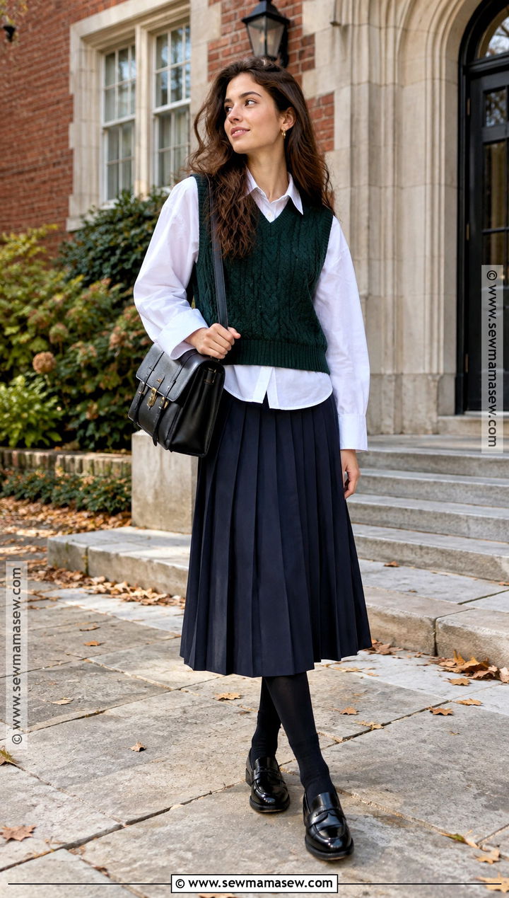 Autumn Preppy Sweater Vest And Pleated Skirt Outfit - 15 Street Style Aesthetic Autumn Ideas