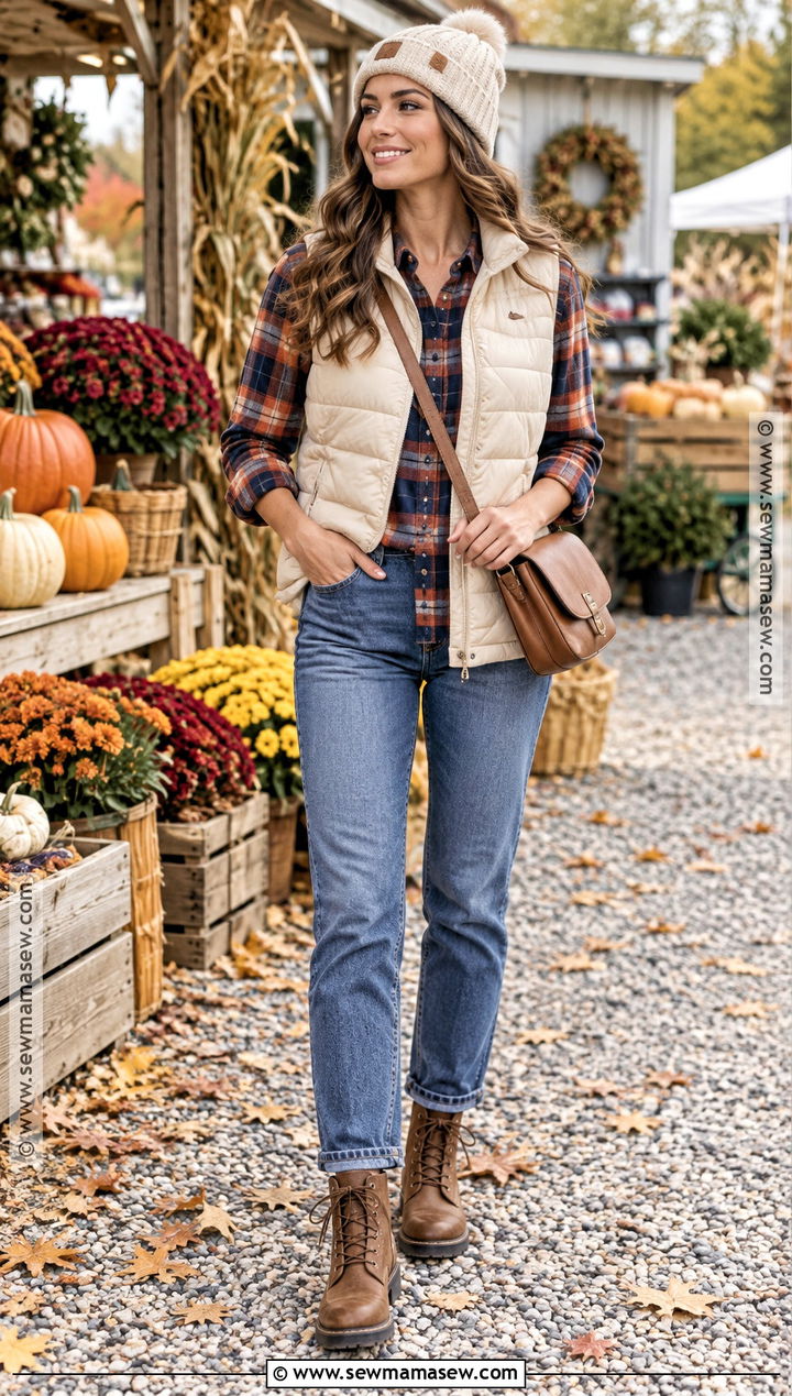 Autumn Puffer Vest And Flannel Shirt Outfit - 30 autumn outfit ideas