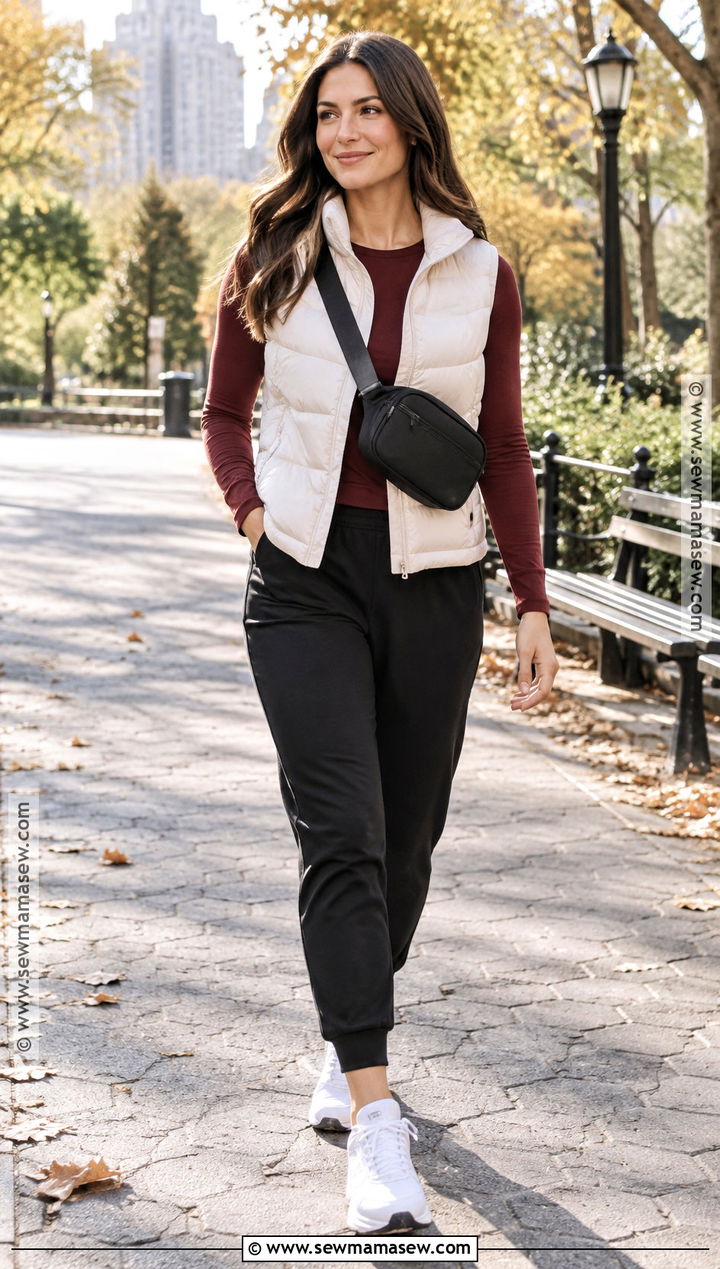 Autumn Puffer Vest And Joggers Outfit - 25 autumn casual outfits for women