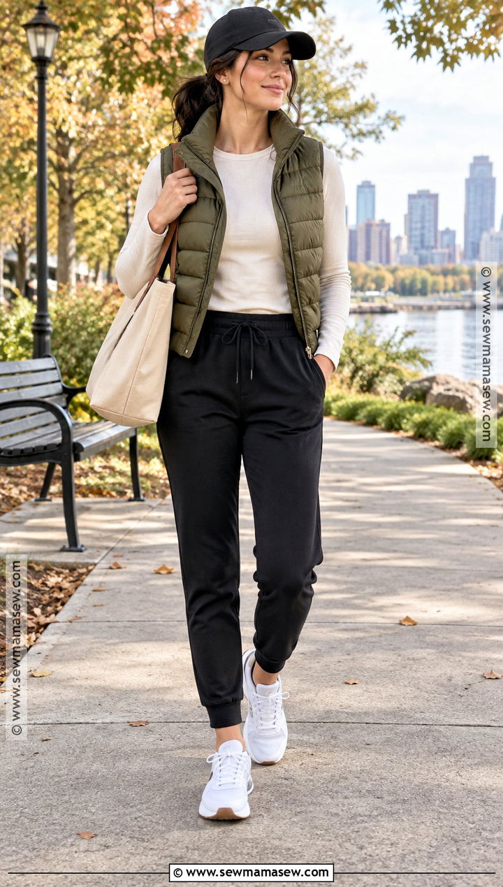 Autumn Puffer Vest And Joggers Outfit - 15 autumn casual style outfit ideas