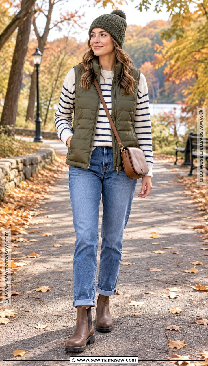 Autumn Puffer Vest And Long Sleeve Top Outfit - 25 autumn outfit ideas for women