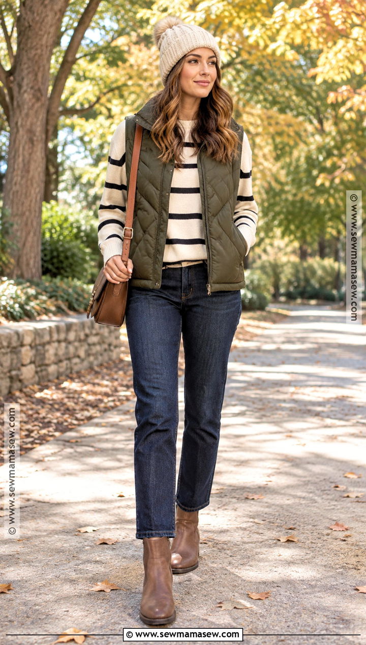 Autumn Puffer Vest And Straight Jeans Outfit - 25 autumn clothing ideas