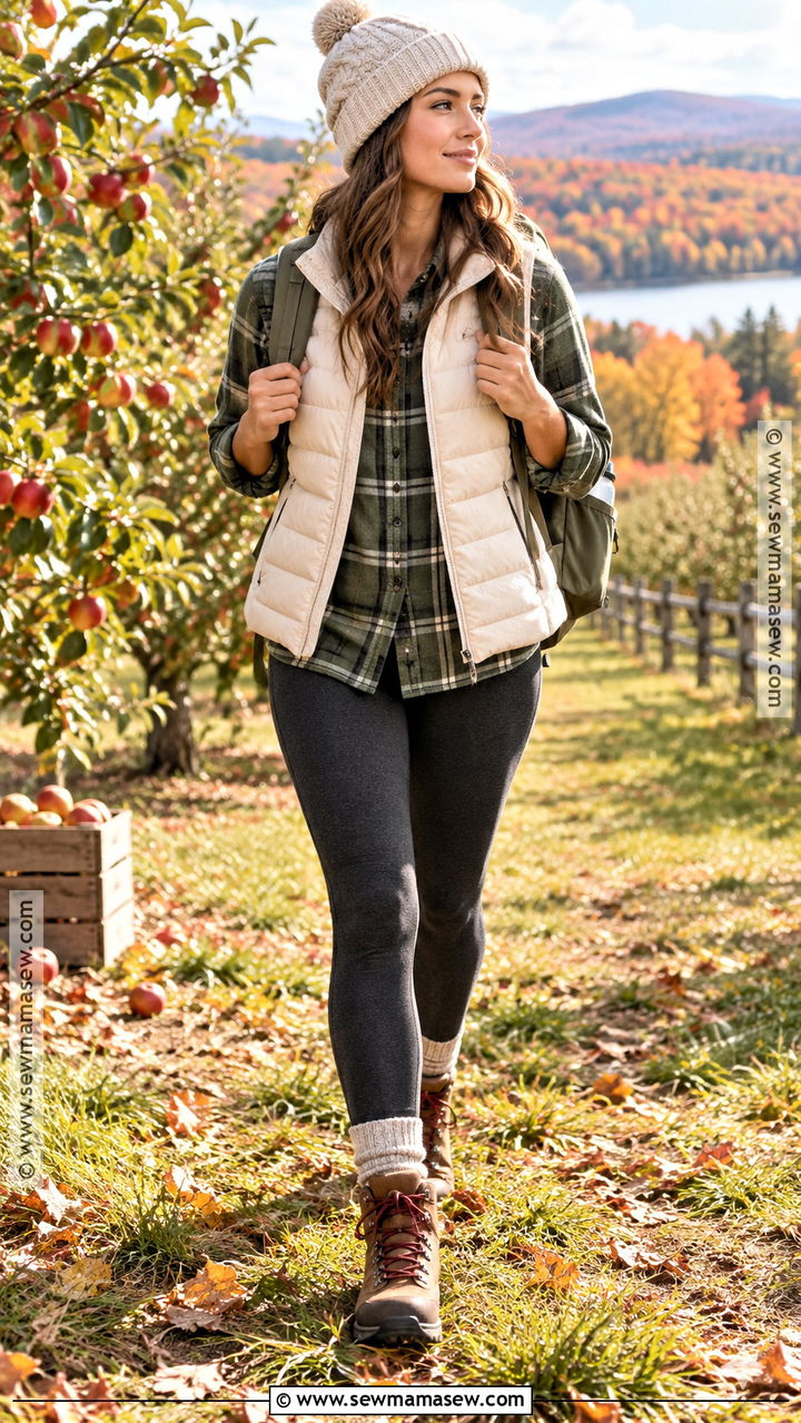 Autumn Puffer Vest Flannel Shirt And Leggings Outfit - 20 autumn weekend outfit ideas
