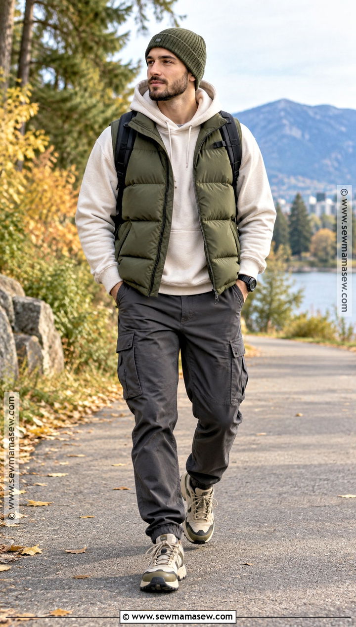 Autumn Puffer Vest Outfit With Cargo Pants - 20 Men Autumn Style Ideas