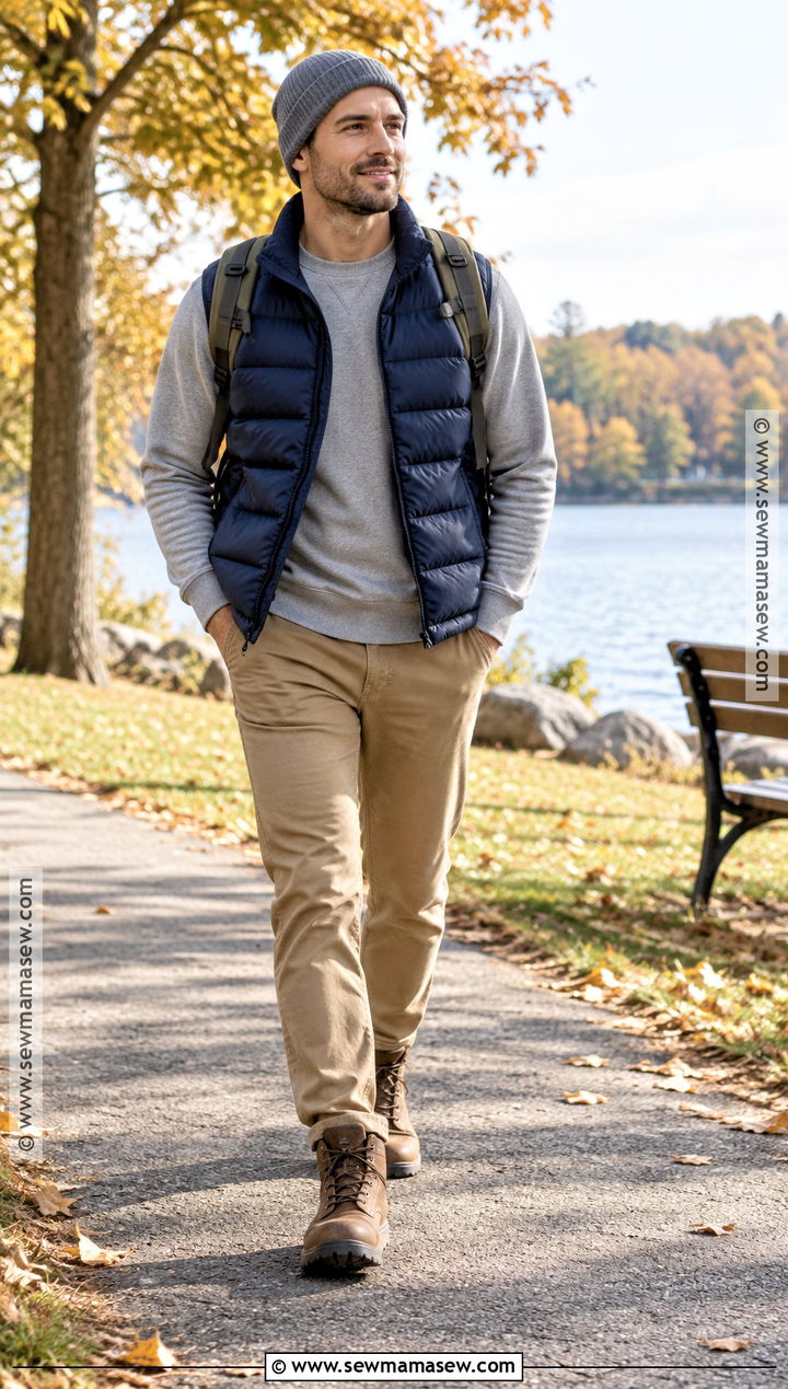 Autumn Puffer Vest With Sweatshirt And Chinos Outfit - 15 Men Outfit Autumn Casual Ideas