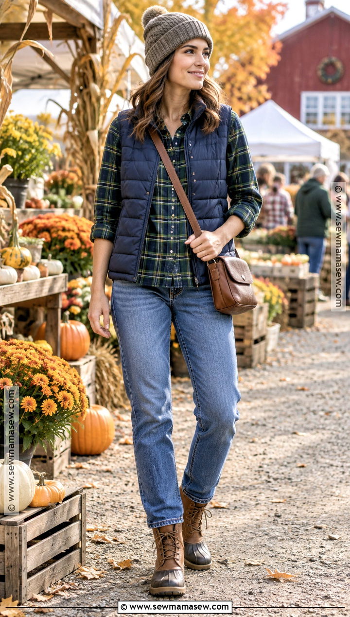 Autumn Puffer Vest and Flannel Shirt Outfit - 25 outfit ideas for autumn