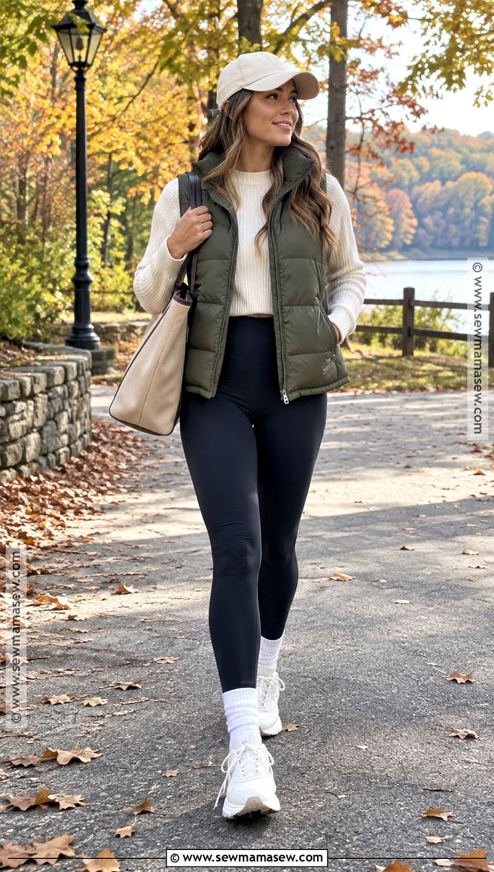 Autumn Puffer Vest and Leggings Outfit - 15 autumn fashion style tips ideas