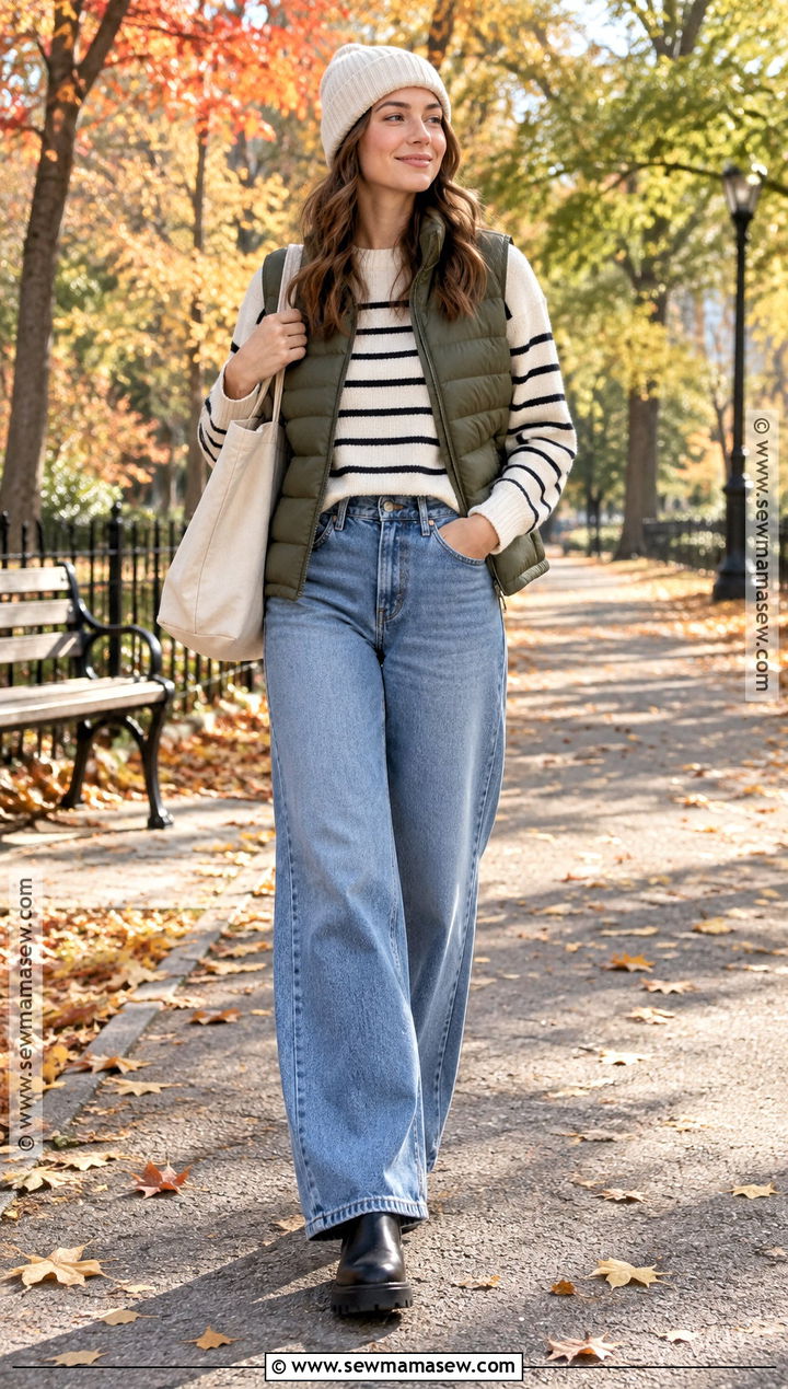 Autumn Puffer Vest and Wide Leg Jeans Outfit - 30 autumn fits