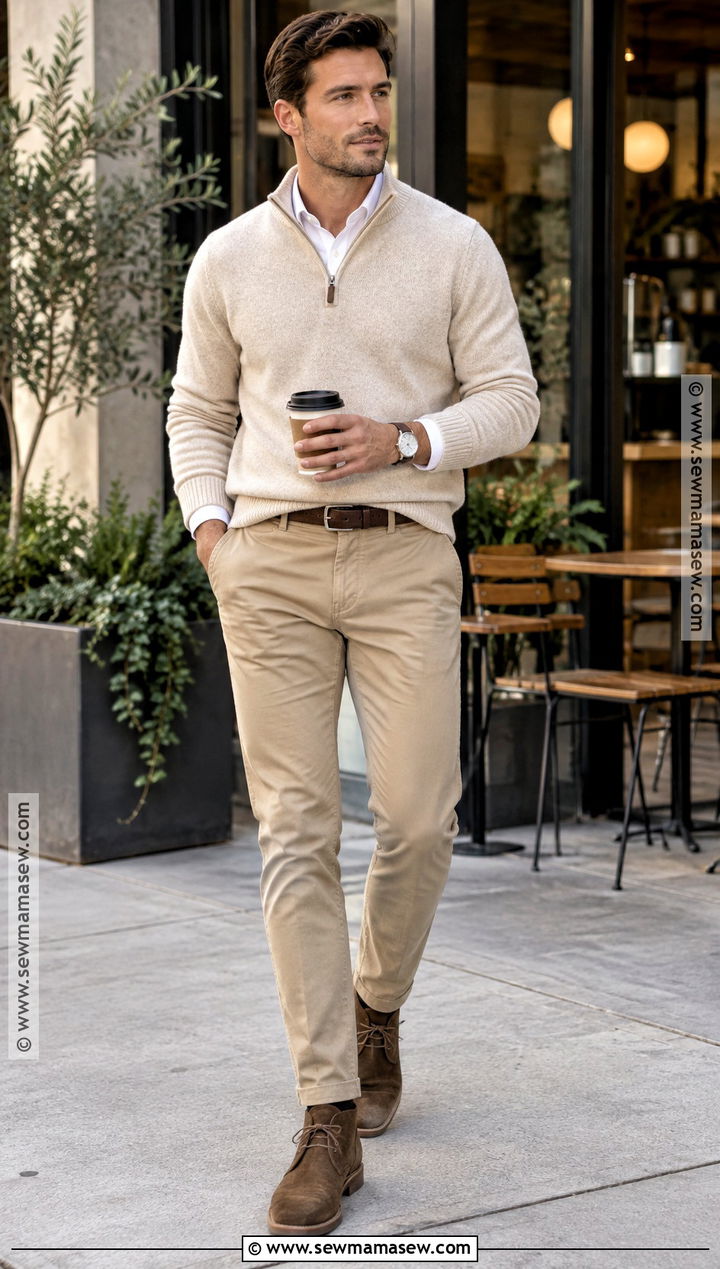 Autumn Quarter Zip Sweater With Chinos Outfit - 15 Men Outfit Autumn Casual Ideas