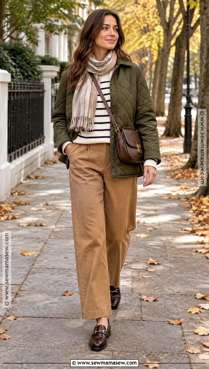 Autumn Quilted Jacket And Relaxed Trousers Outfit - 25 autumn outfit ideas for women