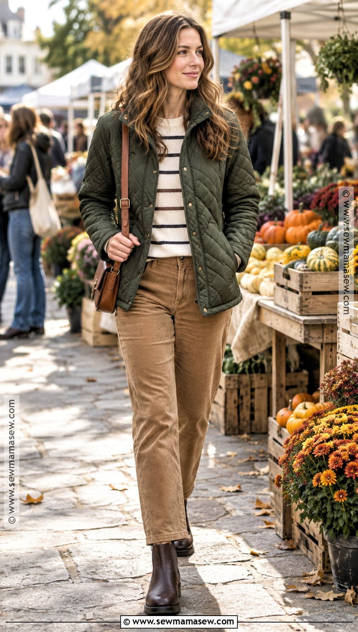 Autumn Quilted Jacket Corduroy Pants And Chelsea Boots Outfit - 15 Ladies Autumn Fashion Ideas