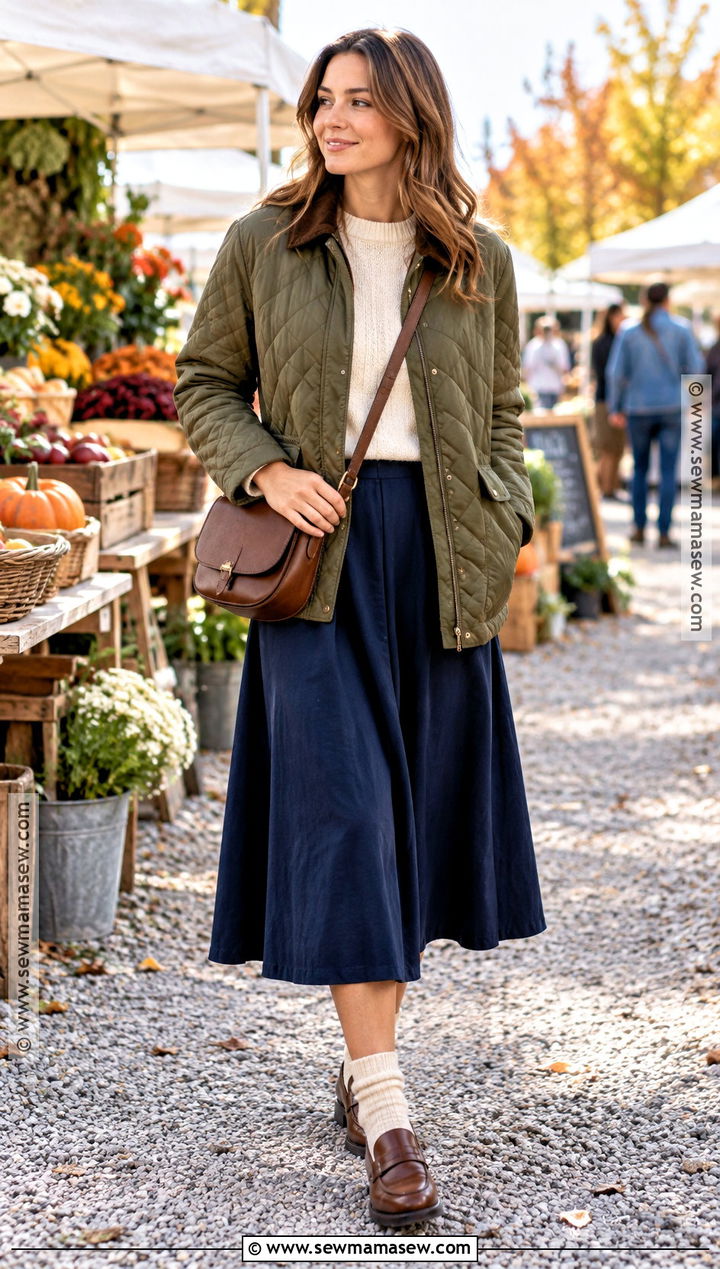 Autumn Quilted Jacket Outfit With Midi Skirt - 30 autumn fashion ideas