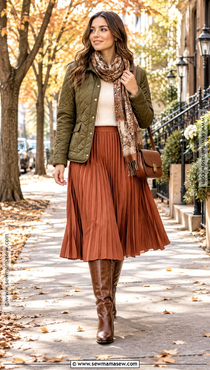 Autumn Quilted Jacket and Midi Skirt Outfit - 25 autumn fits aesthetic