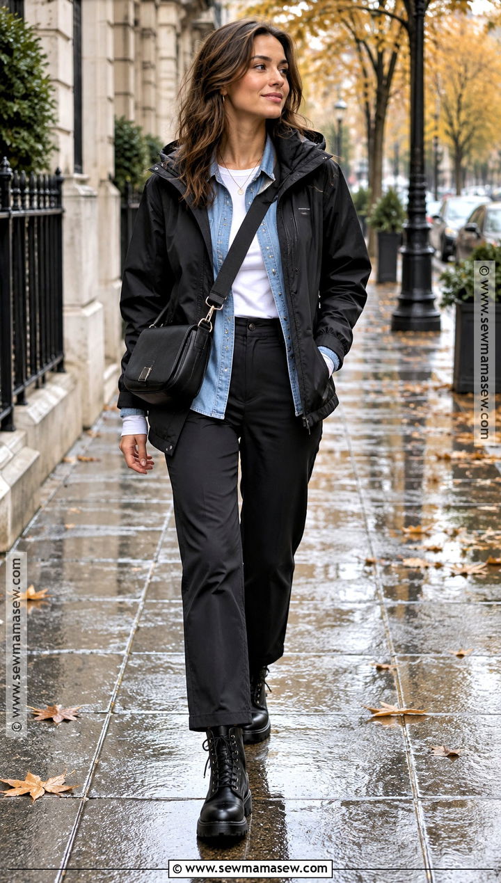 Autumn Rain Outfit With Denim Shirt And Black Pants - 20 Autumn Rain Outfits