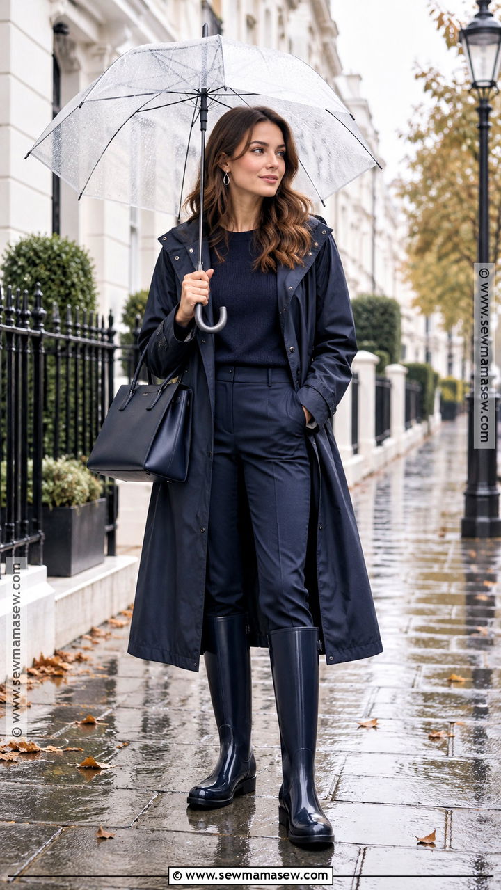 Autumn Rain Outfit With Monochrome Layers And Rain Boots - 20 Autumn Rain Outfits