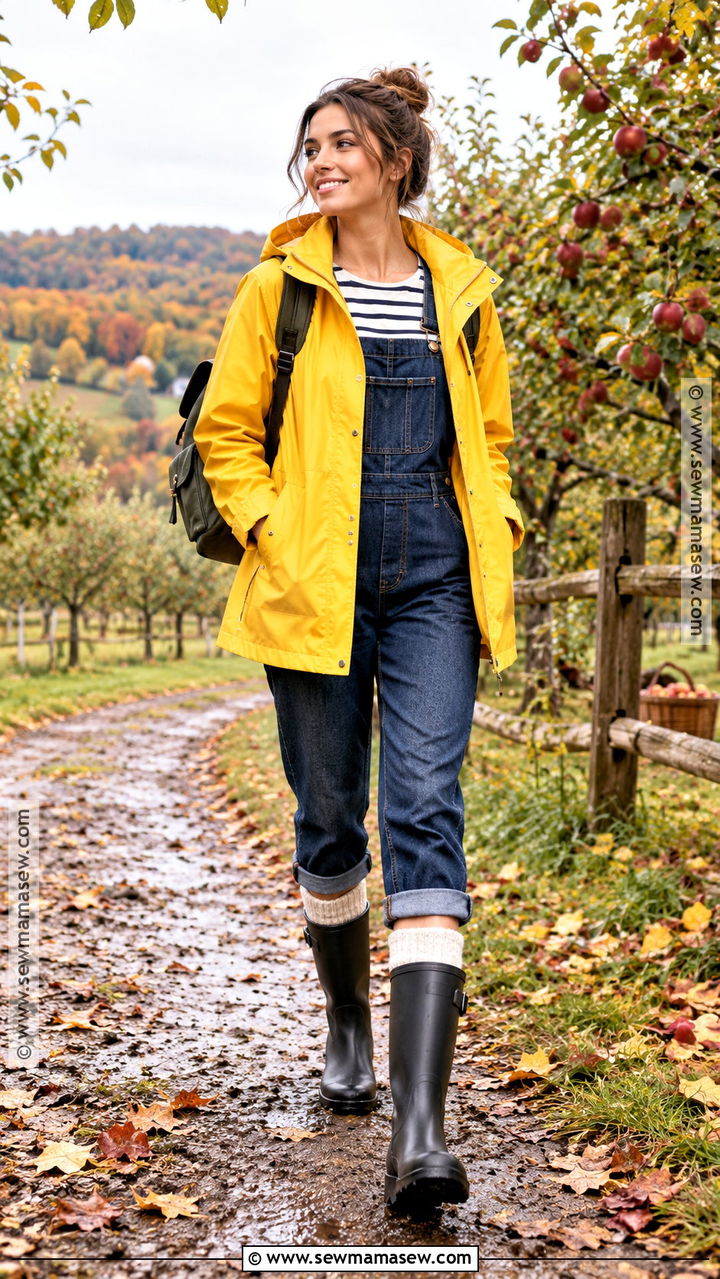 Autumn Rain Outfit With Overalls And Rubber Boots - 20 Autumn Rain Outfits
