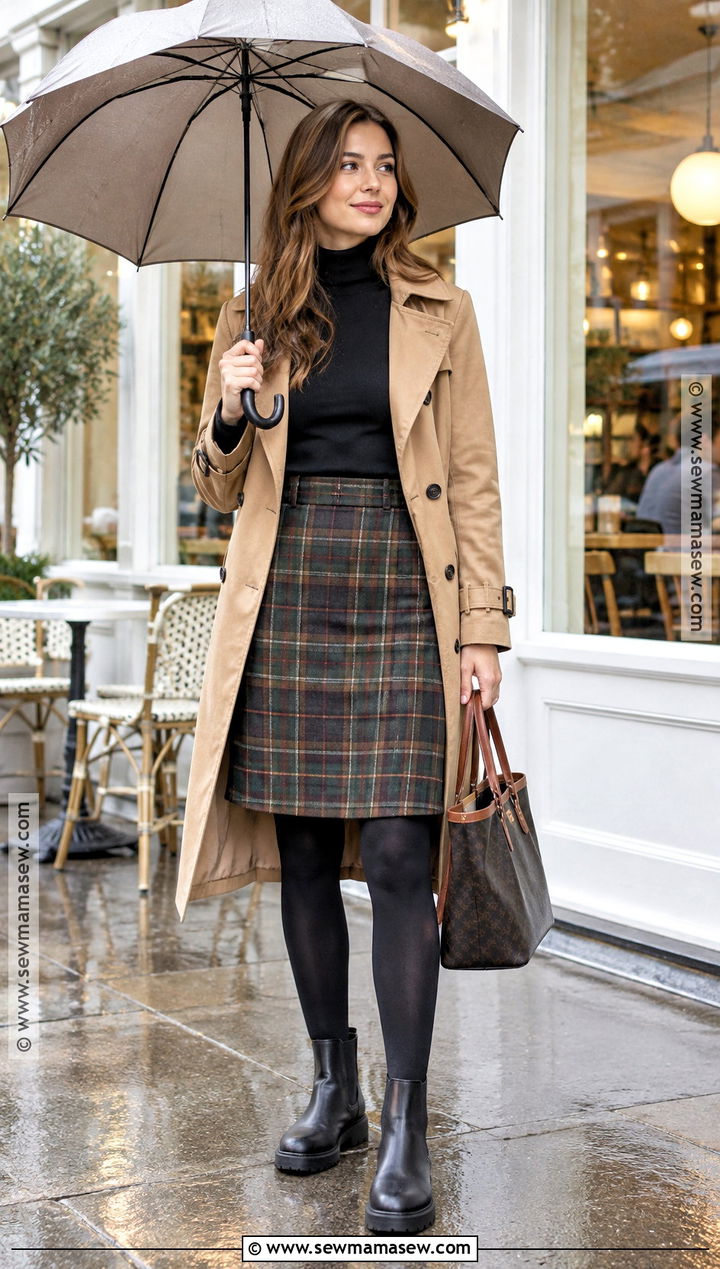 Autumn Rain Outfit With Plaid Skirt And Chelsea Boots - 20 Autumn Rain Outfits