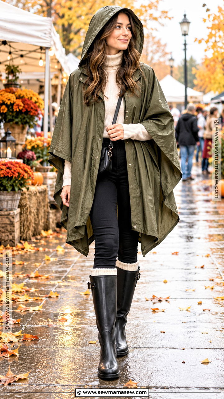 Autumn Rain Outfit With Poncho And Tall Boots - 20 Autumn Rain Outfits