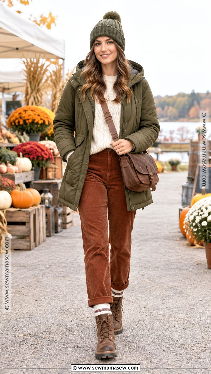 Autumn Rain Outfit With Quilted Coat And Corduroy Pants - 20 Autumn Rain Outfits