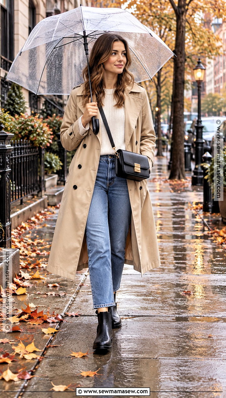 Autumn Rain Outfit With Trench Coat And Jeans - 20 Autumn Rain Outfits