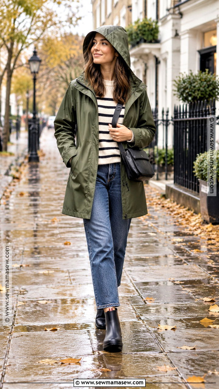 Autumn Raincoat Striped Knit And Waterproof Boots Outfit - 20 autumn weekend outfit ideas