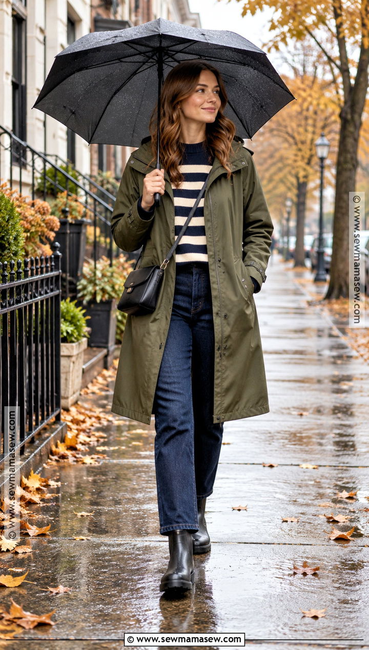 Autumn Raincoat With Striped Sweater And Jeans - 30 autumn outfits