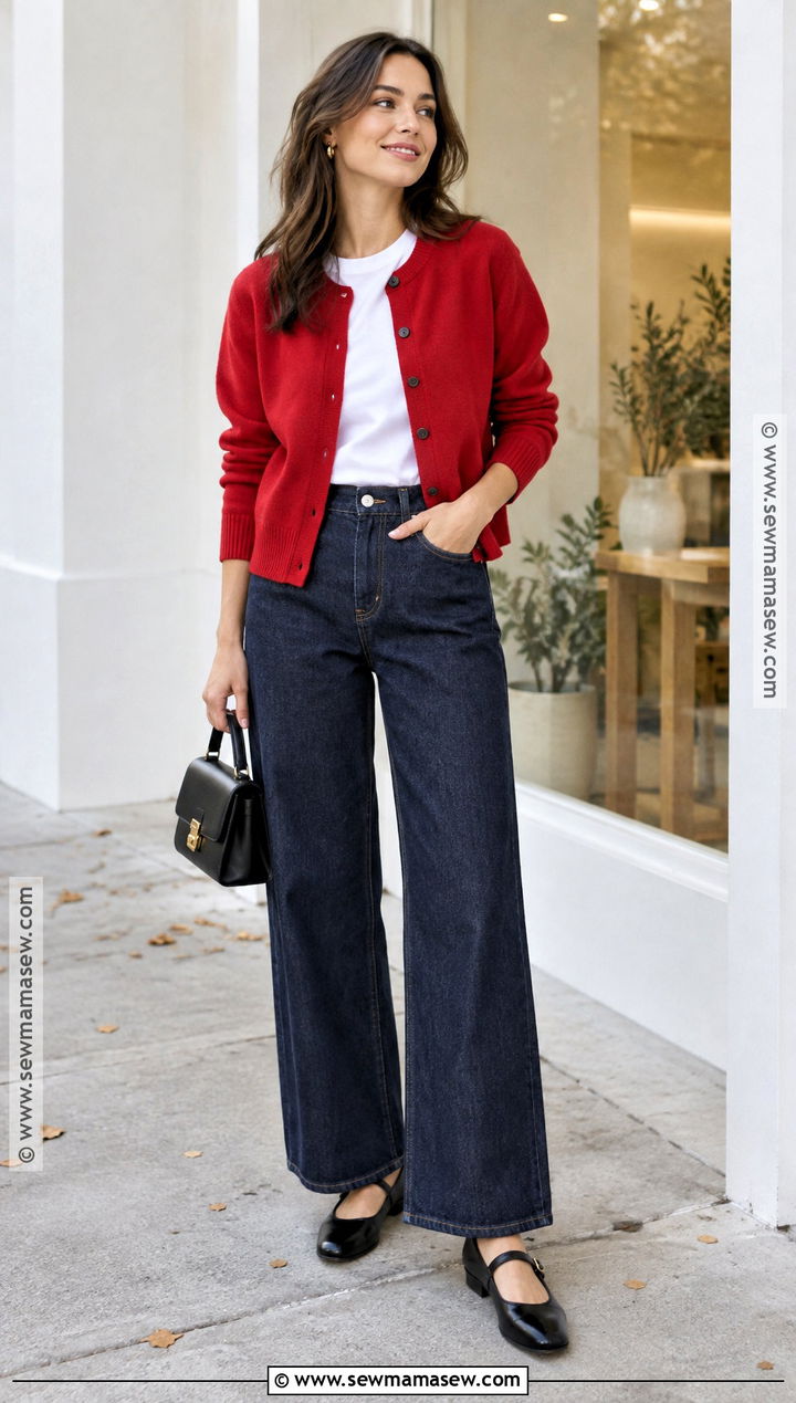 Autumn Red Cardigan And Dark Denim Outfit - 25 autumn clothes