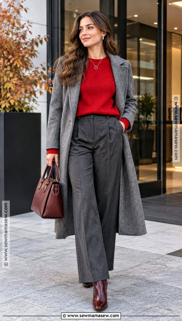 Autumn Red Sweater And Gray Trousers Outfit - 25 autumn wear ideas