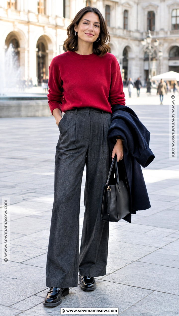 Autumn Red Sweater With Gray Trousers - 30 autumn outfits