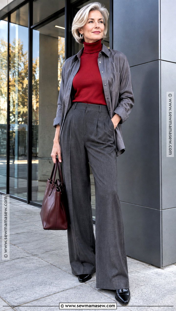 Autumn Red Turtleneck And Gray Trousers Outfit - 15 Autumn Fashion Lookbook Ideas