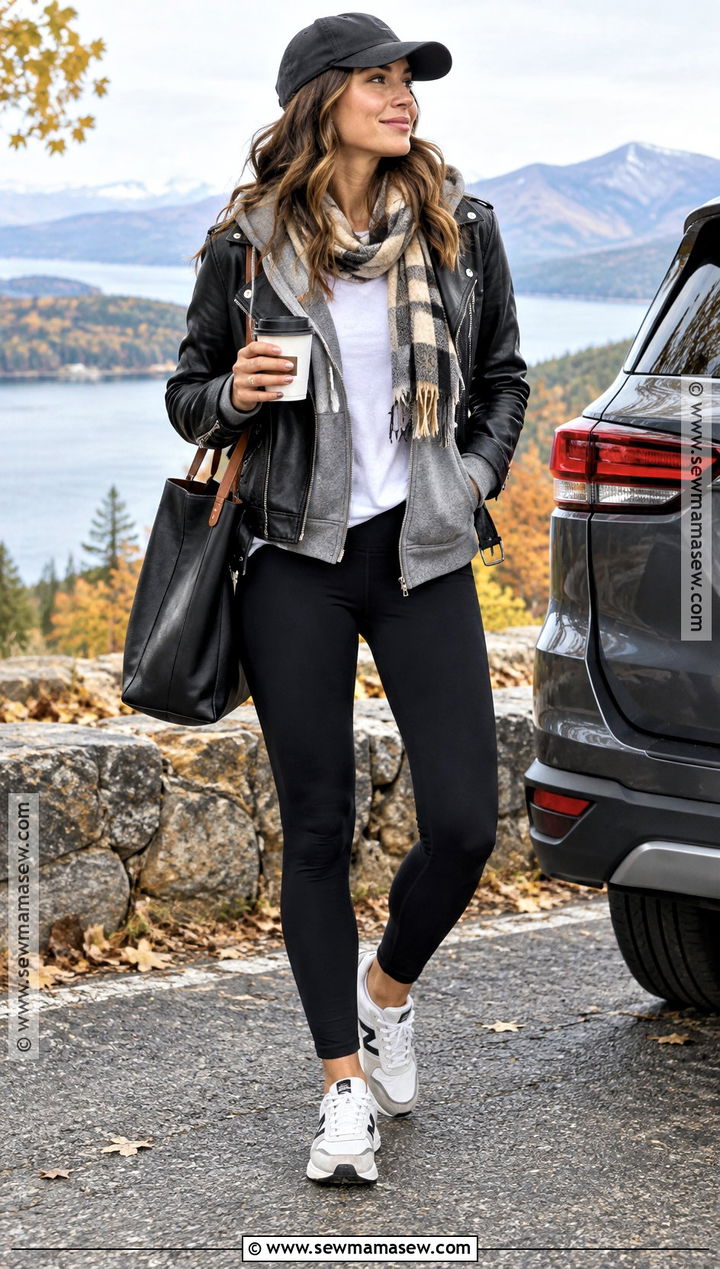 Autumn Road Trip Outfit With Hoodie And Leather Jacket - 20 autumn travel outfit ideas