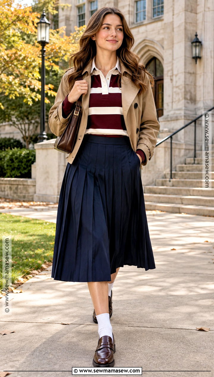 Autumn Rugby Shirt And Pleated Skirt Outfit - 15 Autumn Fashion Outfit Ensemble Ideas