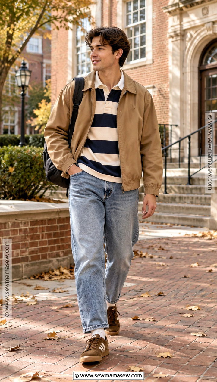 Autumn Rugby Shirt With Loose Jeans Outfit - 15 Men Outfit Autumn Casual Ideas